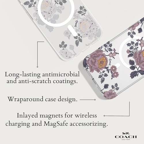 Coach iPhone 15 Pro Phone Case MagSafe Protective Floral Glitter Recycled Slim - Photo 3 sur 12