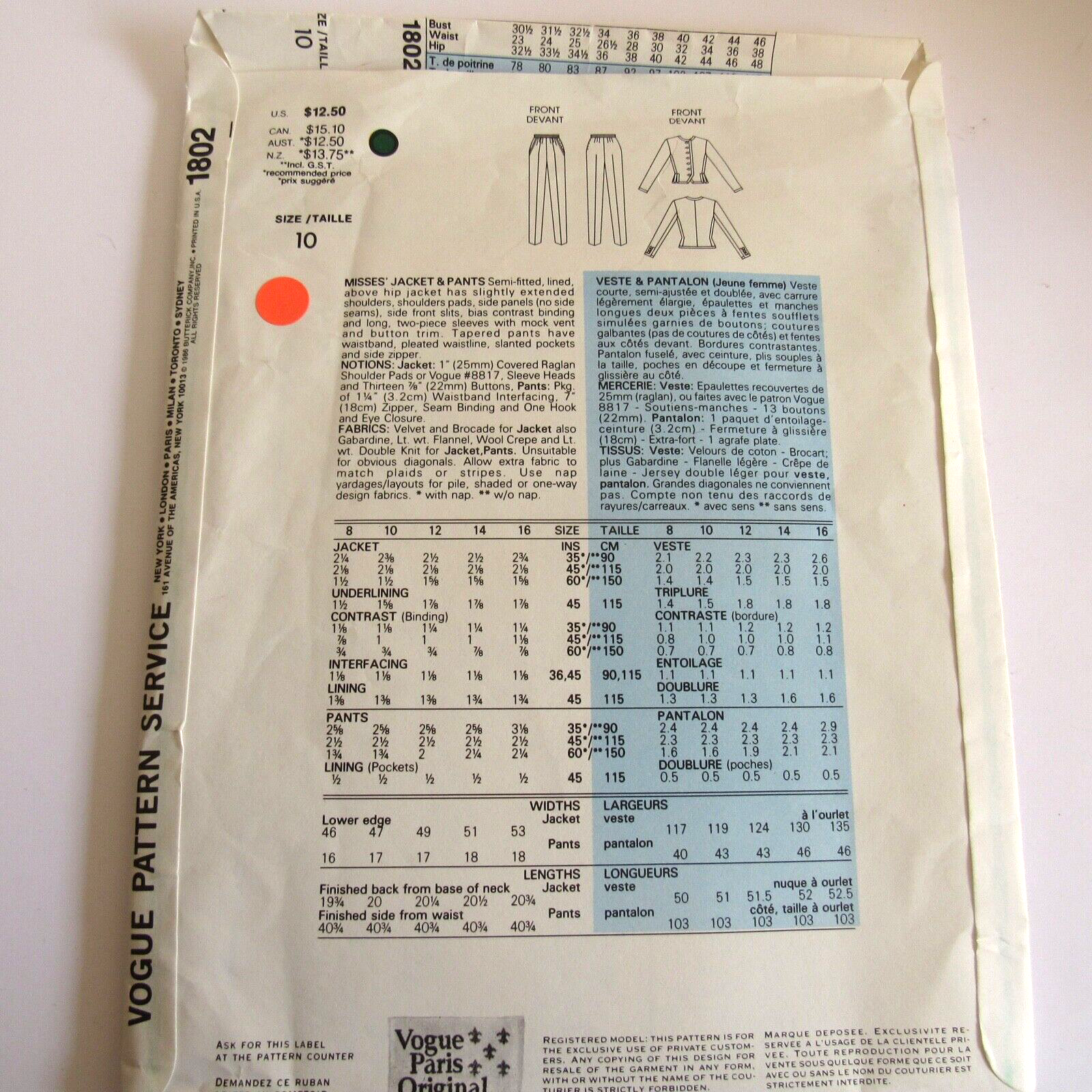 Modello Cucito Vintage VOGUE Parigi Originale Yve Saint Laurent #1802 Taglia 10 FF