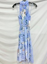 ELIZA J Blue Floral Print Chiffon Belted Sash High Bow Tie Neck Midi Dress 4 US