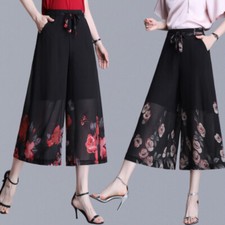 Women Cropped Pants Chiffon Floral Print Wide-leg Trousers Culottes 2 Layers