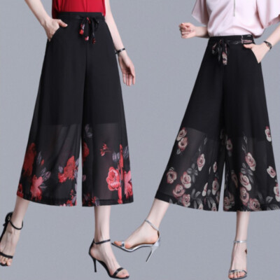 Damen Cropped Hose Chiffon Blumenmuster weites Bein Hose Culotte 2 Lagen