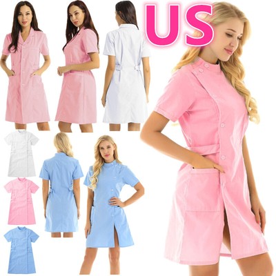 Women's Lab Coat Short Sleeve Button Front Solid Hospital Nurse Scrub Dresses