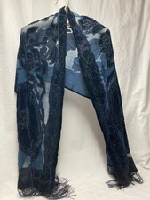 Shawl Scarf Blue Beautiful W/ Mesh, Velour & Fringe Neck Wrap Or Shoulder Drape