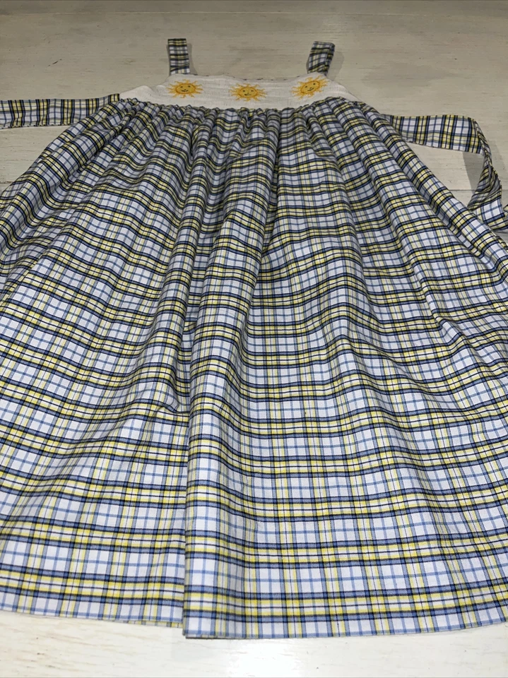 Silly Goose Hand Smocked Plaid Dress radiant Suns W/ Smiley Faces Size 6X - Image 4 of 4