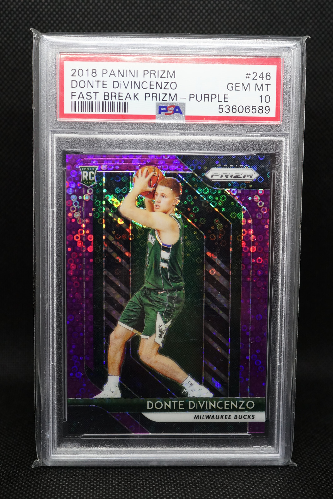 DONTE DIVINCENZO 2018-19 PANINI PRIZM FAST BREAK PURPLE #246 ROOKIE 37/75 PSA 10