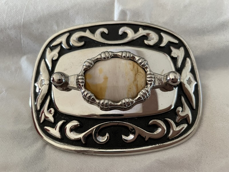 Silver Plate Yellow Jaspar. Belt Buckle 2 1/2 X 3 1/2"
