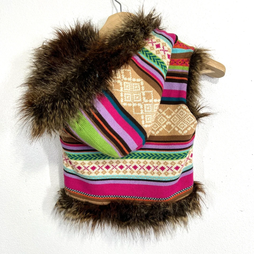 Gap Kids Medium Multi Color Knit sweater Vest Fux Fur lining & hoodie Tribal - Image 2 of 4