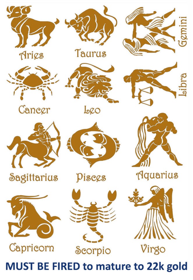 Astrology Zodiac Signs 12 pcs 22k Gold Fused Glass Decals | eBay