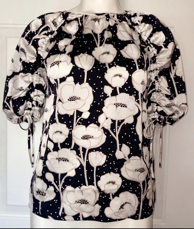 Ted Baker Black/White Floral Chiffon Tie-Back Puff Sleeve Blouse Women's 0