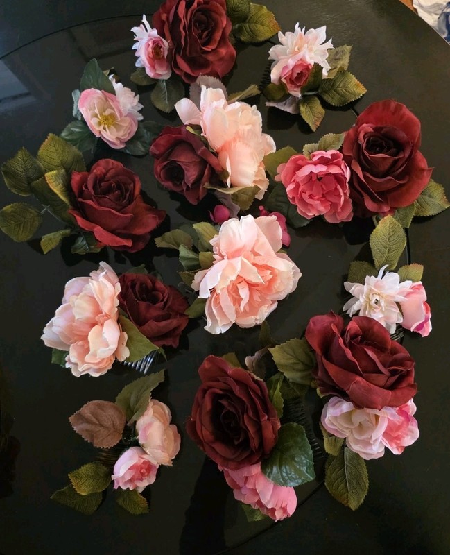silk hair flowers set of 12 pink  burgundy dance wedding flamenco Spanish