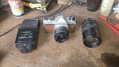 NOT WORKING Pentax K1000 with Multiple Lenses, Camera Flash, & Case PARTS ONLY