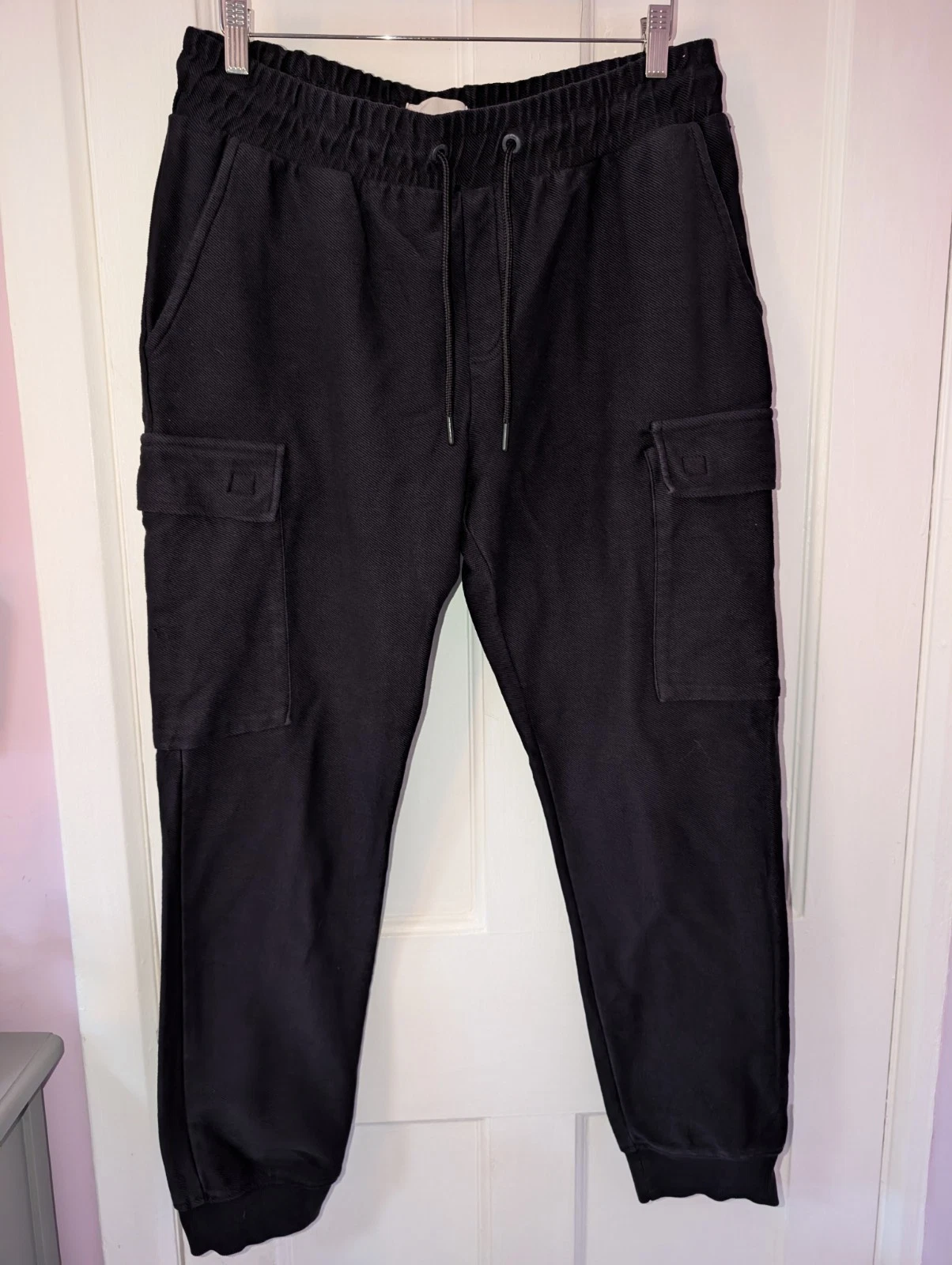 Folk Clothing Mens Black Cargo Cuffed Trousers Joggers Casual Size 4 Large
