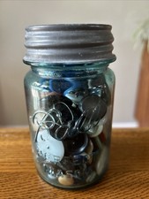 Blue ‘Ball Perfect Mason’ Jar Vintage Buttons Quart Size Ball Lid 5.5” Tall