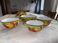 Enamelware Fruit Design VTG 4 Mixing Bowls 1 Lid That Fits 2 Of Them Few Chips