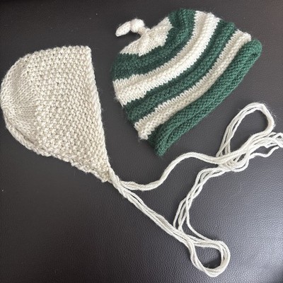 Baby Photography Newborn Knit 2x Hats, White Bonnet And Striped Green White Hat
