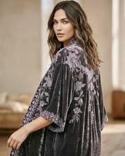NEW Johnny Was XL Grey Gray Velvet Kimono Wrap Jacket Pockets Bird Embroidered