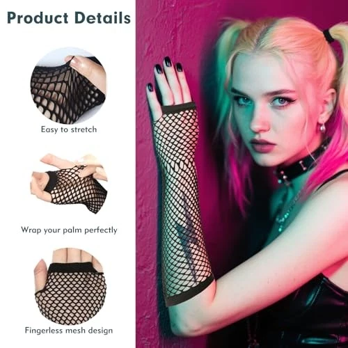 2 pares de guantes largos de red, elegantes guantes sin dedos para mujer, negro punk Foto 3 de 4
