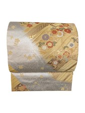 Authentic Japanese Kimono Silk Fukuro Obi Gold Silver Colored Floral Textile Art
