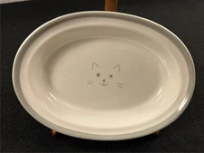 Teacup's Diner Ceramic Cat Food Water Bowl Dish Oblong White Gray PawPrints 6.5"