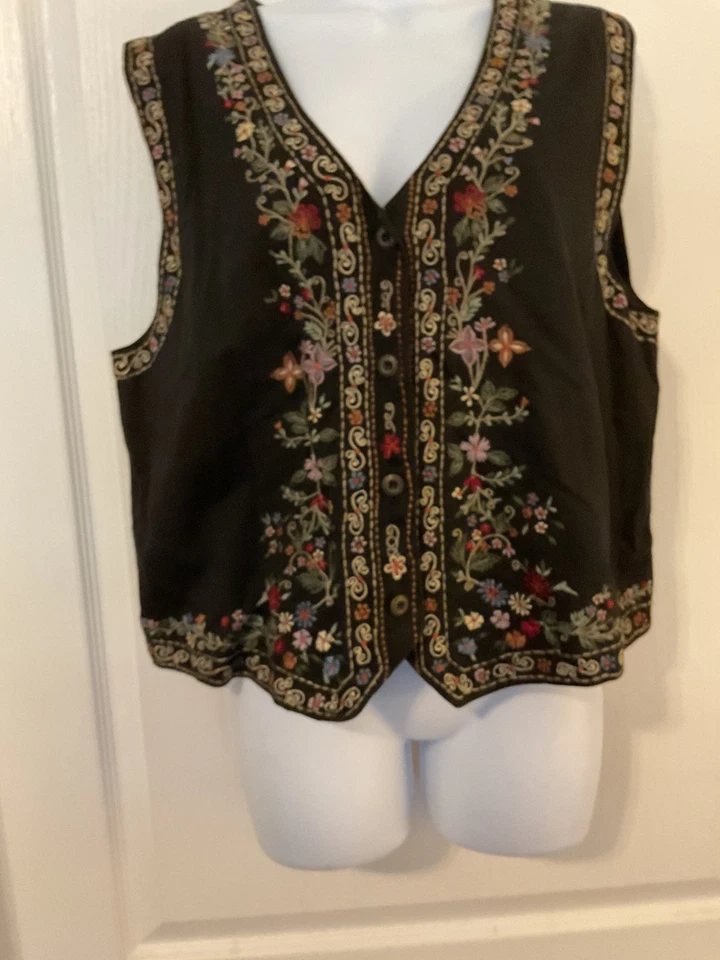 Paul Harris Designs Embroidered Floral Button Front Vest Size L Vintage -B8 - Image 3 of 4