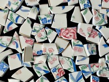Broken China Mosaic Tiles  Pink Florals Blue Ribbons  100  Pieces