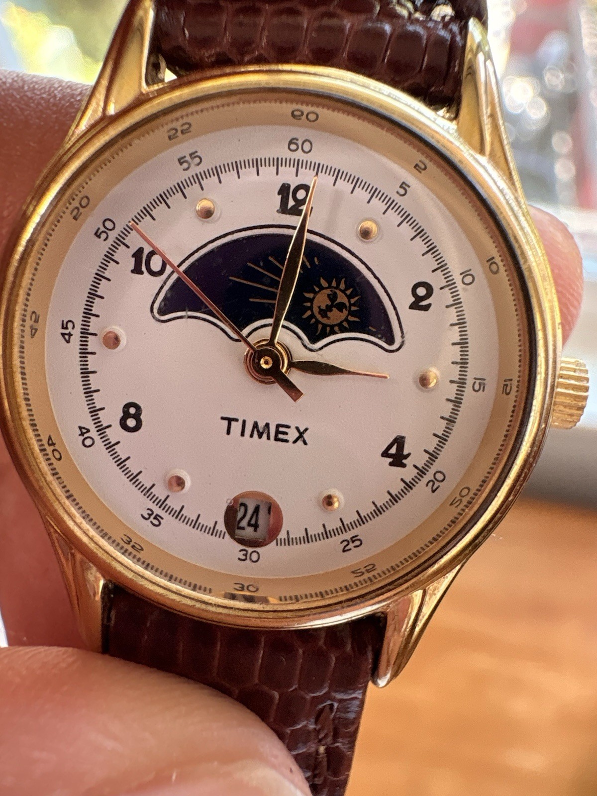 Timex Moon Phase Women's Watch 90's Gold Tone Dress Leather Strap image 6