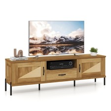 Rattan TV Stand for TVs up to 80” w/2 Storage Cabinets, Open Shelf & Drawer