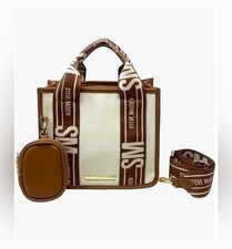 Steve Madden Bwebber Canvas Convertible Tote Cross Body Messenger Bag Brown