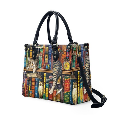 #ad Sleeping Cat On The Bookshelf Leather Bag $91.99