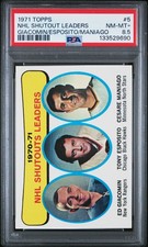 1971 TOPPS GIACOMIN/ESPOSITO/MANIAGO #5 NHL SHUTOUT LEADERS PSA 8.5