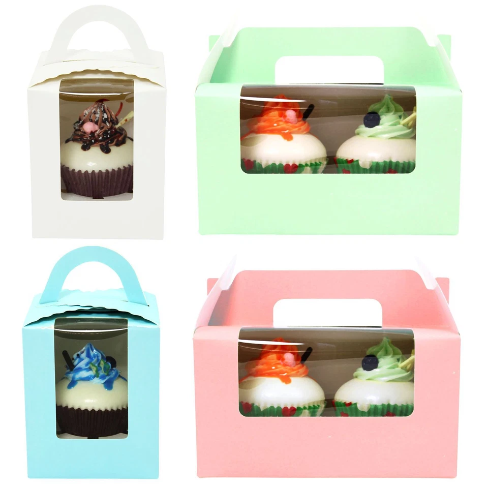 Large Coloured Cupcake Boxes with Window Handle! Single Double 1 2 Hole Muffin  - Image 2 of 3