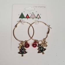 Hoop Earrings Gold with Christmas Tree Bells Bow Dangle Multi Color 1 Inch Drop