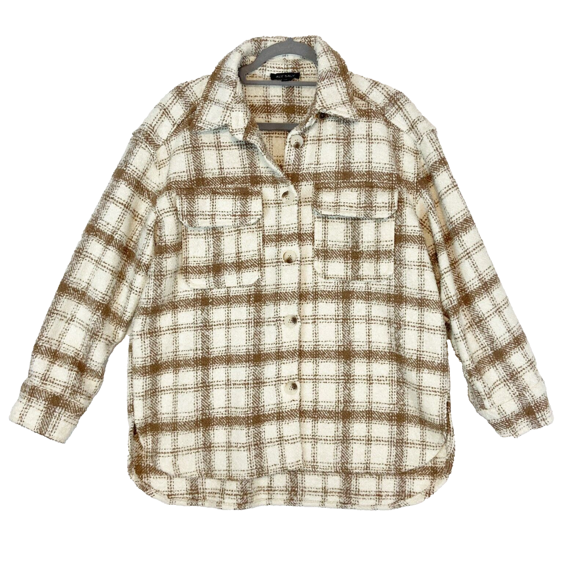 Aly Daly Shacket Womens Medium White Tan Button Front Collared Textured Neutral