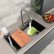 31"x18" 201 Stainless Steel Sink Digital Display Kitchen Sink w/ Pull-Out Faucet