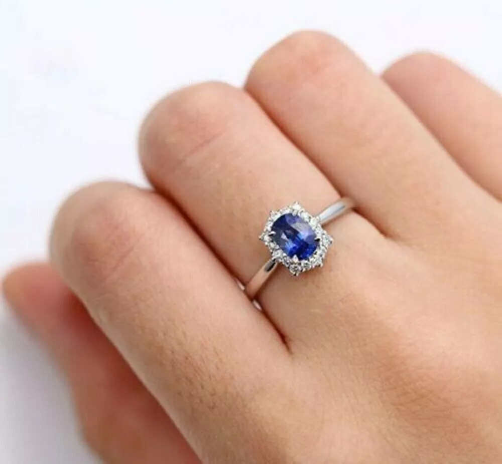 2 Ct Simulated Sapphire Diamond Engagement Ring 14K White Gold Plated Silver