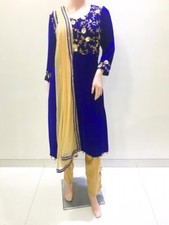 Indian Pakistani Blue Velvet Anarkali Style Kurta Set With Gold Jamawar Pants