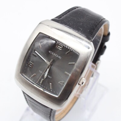 CODE Watch Mens Silver Tone Stainless Steel Classic Black Leather Band Quartz