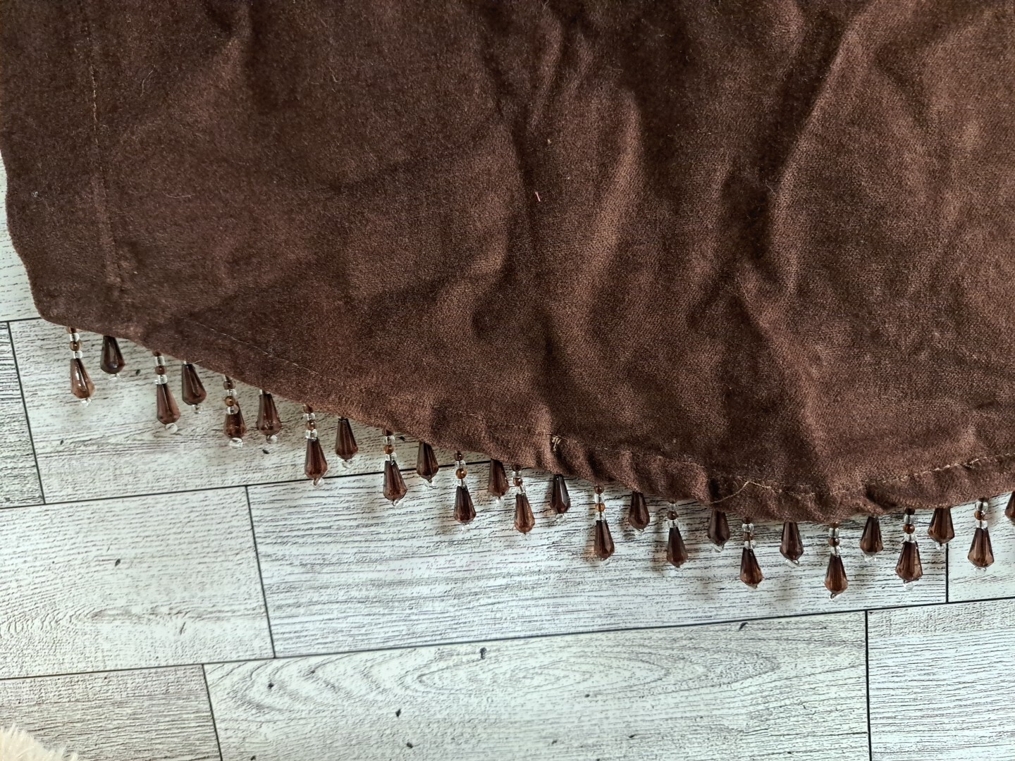 Brown Velour Velvet Valance Curtains 54x17½ Window Topper Scalloped Beaded Retro