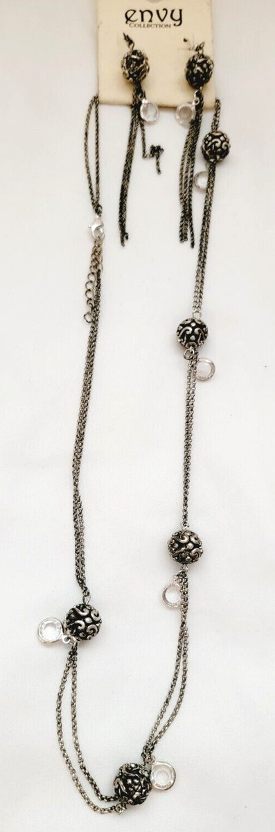 Envy Bezel Crystal Scroll Filigree Ball Beads Silver Tone Earrings & Necklace