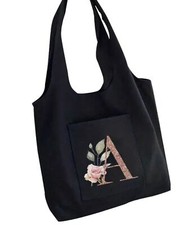 NEW Black Canvas Personalized Letter A Tote W/Pocket Reusable Shopping Bag Hobo