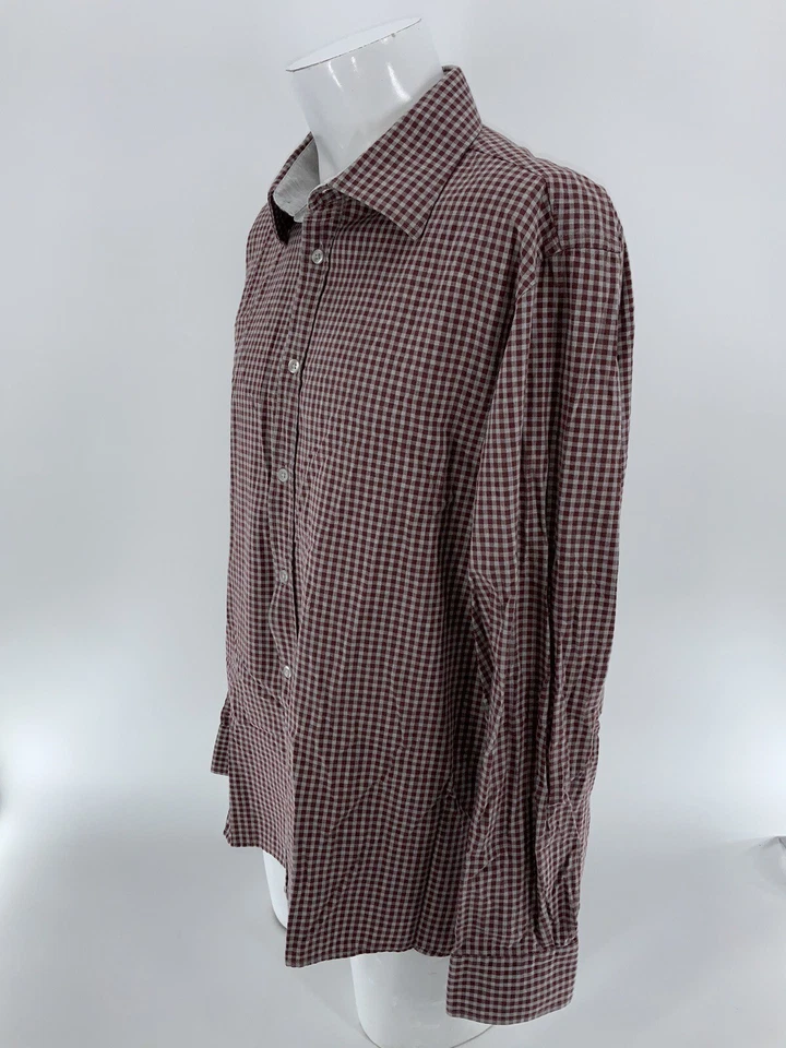 Hickey Freeman 纽扣衬衫男式 XL 红色灰色格子棉质 YGI X3-10 — 第 4/4 张图片