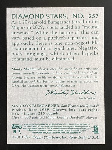 Madison Bumgarner 2010 Topps National Chicle Rookie San Francisco Giants #257 - Bild 2 von 2