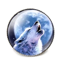 Round 1 Inch Wolf Head Pin Cute Brooch Metal and Glass Revivalism Style Souvenir