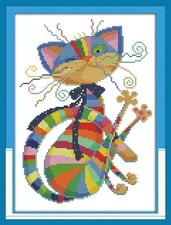 Happy Forever 11CT Stamped Cross Stitch, C609 Colorful cat, Size 11''x14''