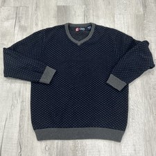 Chaps V Neck Blue Sweater 100% Cotton SZ Medium Gray Cuff Design
