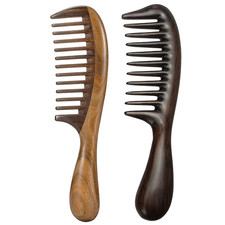 2Pcs Wooden Wide Tooth Comb for Curly Thick Hair Anti-Static Black  Green Sanda