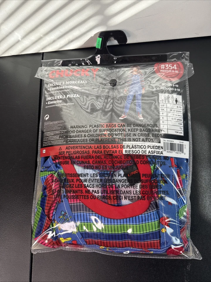 Chucky Childs Play Kids 万圣节服装 1 件连身裤男孩女孩 8-10 全新未拆封* — 第 2/4 张图片