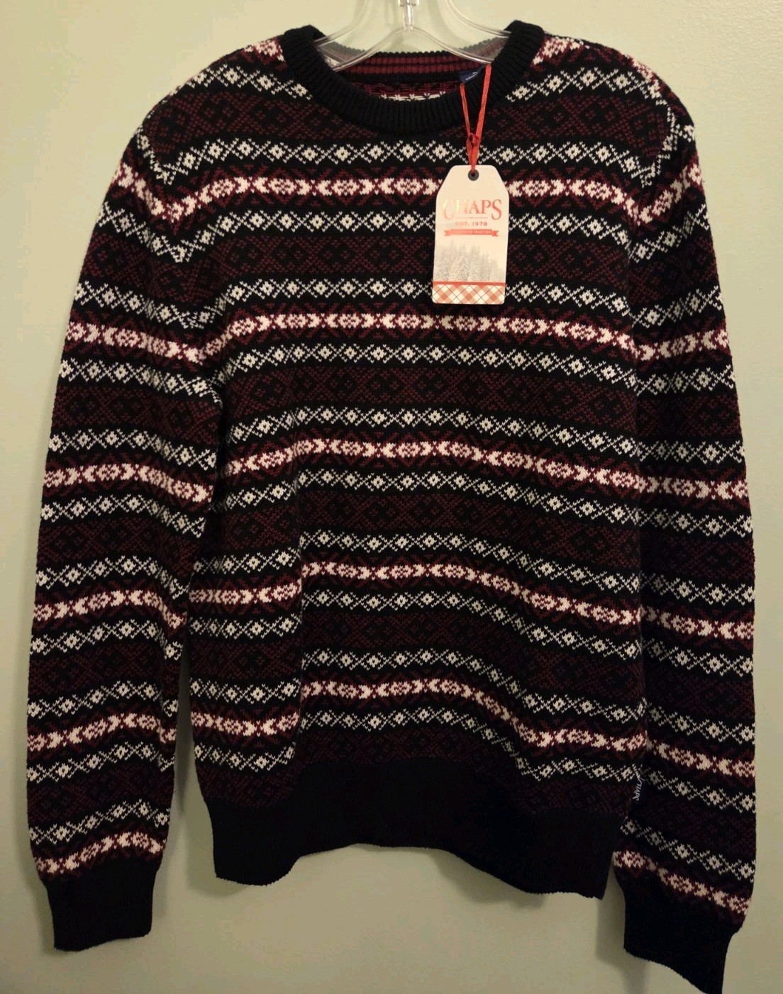 Chaps Mens MEDIUM Long Sleeve Fair Isle Stripe Crew Neck Sweater BLACK RED 10726