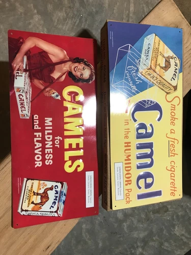 2 Vintage Camel Cigarettes Tin Signs In original boxes 20”x9”