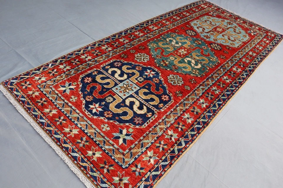2x6 Caucasian Kazak Runner Rug – Bold Medallion Tribal Design in Red & Blue. - Image 3 of 4